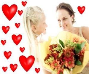 Puzzle Κορίτσι με ένα μπουκέτο λουλούδια για τη μητέρα του και κόκκινες καρδιές